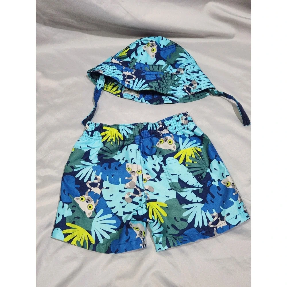 Gymboree Lemur Jungle‎ Swimtrunks And Bucket Hat w Strap 12-18m 2014